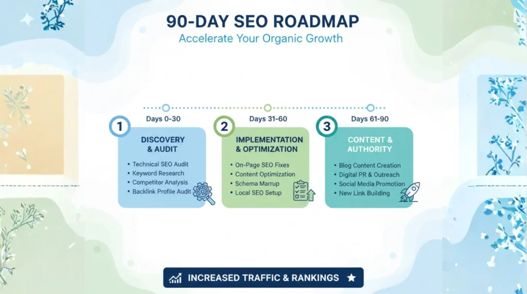 90-day SEO roadmap showing audit, optimization, and content execution phases