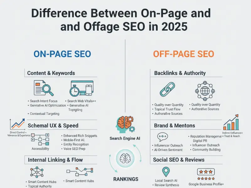 Difference between on page and off page SEO in 2025 illustrated
