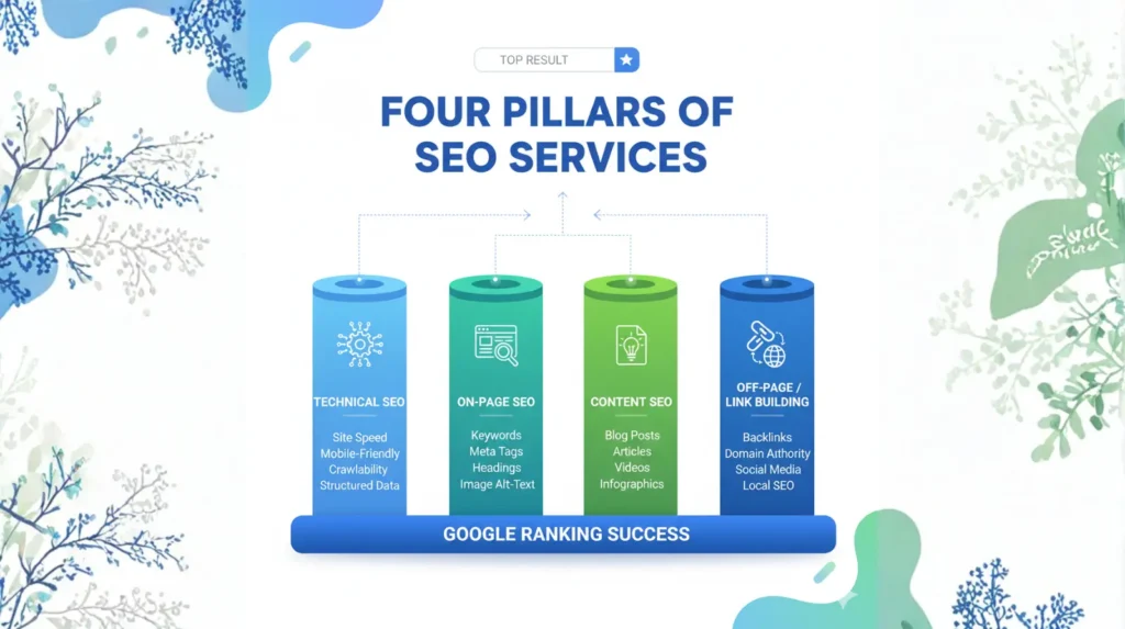 SEO Pillars services.webp
Diagram showing four pillars of SEO services — technical, on-page, content, and link building