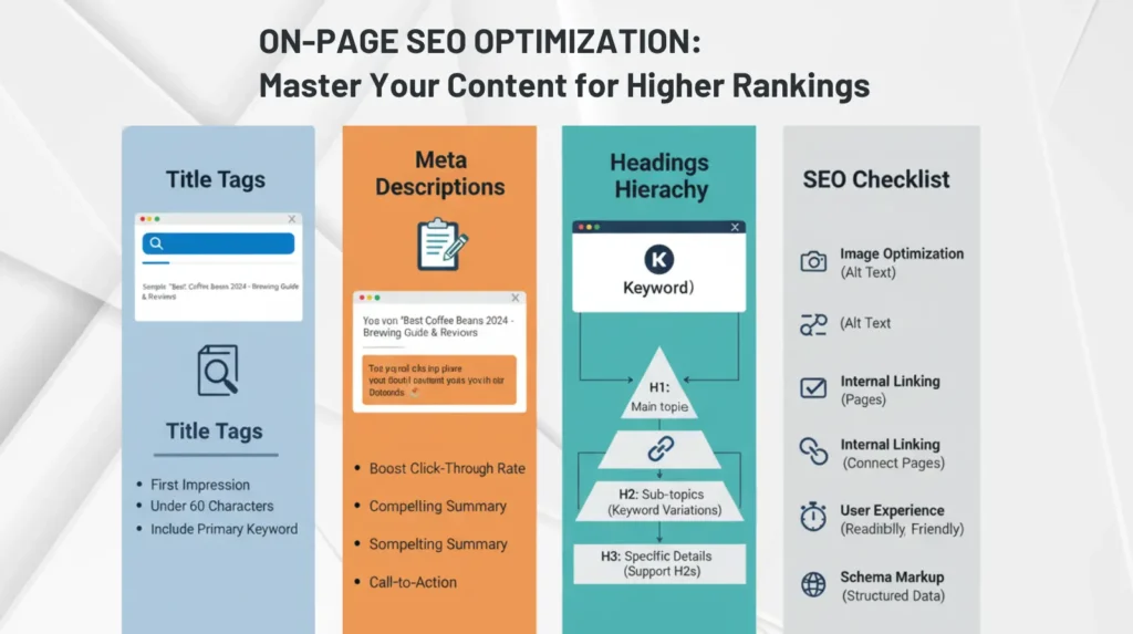 On-page SEO optimization checklist showing meta tags, titles, and headings