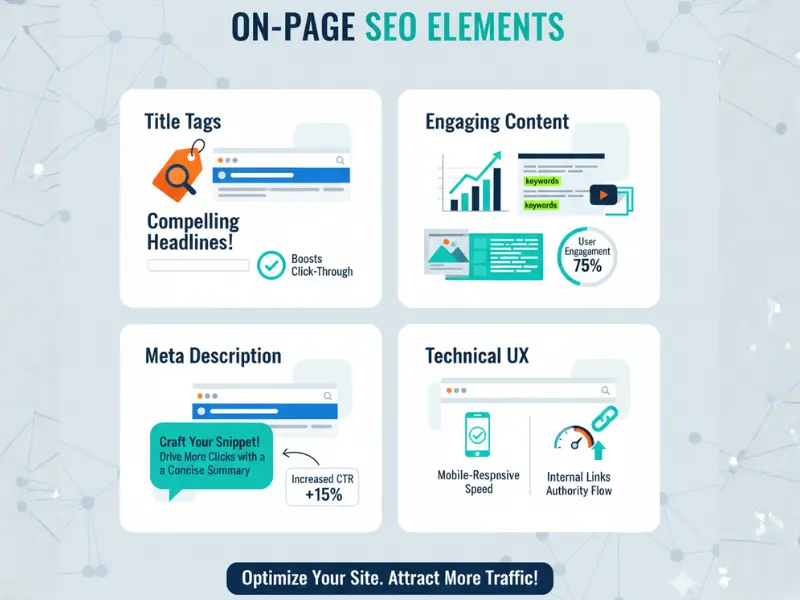 On page SEO optimization factors including title tags, content, and meta description