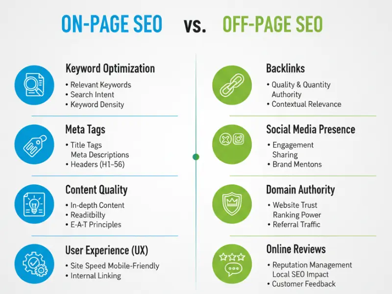 Visual chart comparing on page SEO vs off page SEO factors