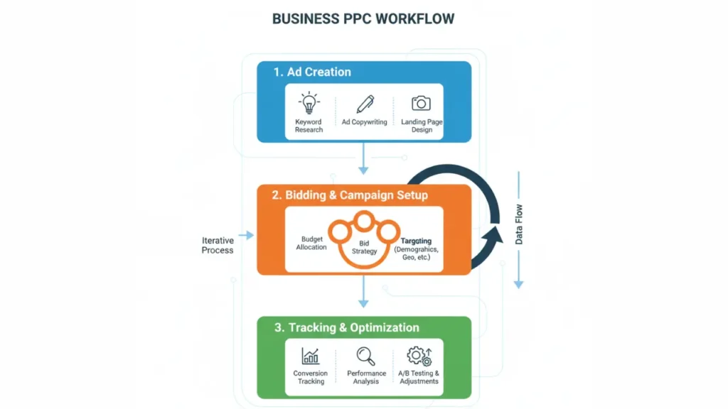 PPC services workflow showing ad creation, bidding, and tracking process