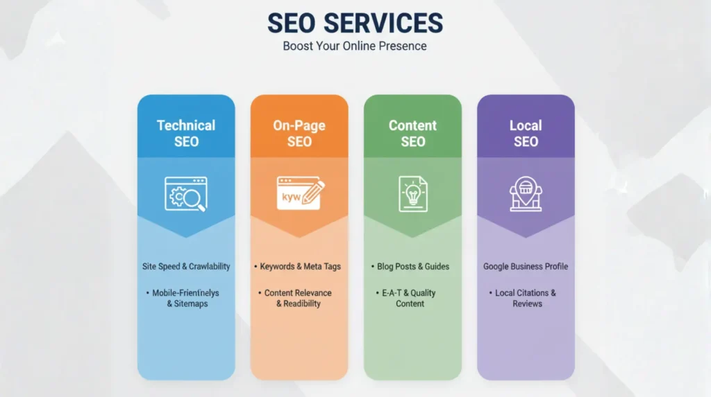 Infographic showing components of SEO services like technical, on-page, content, and local SEO