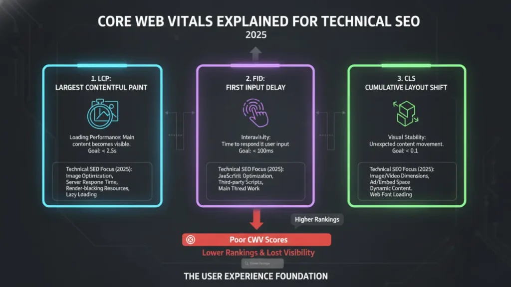 Core Web Vitals LCP FID CLS explained for technical SEO 2025