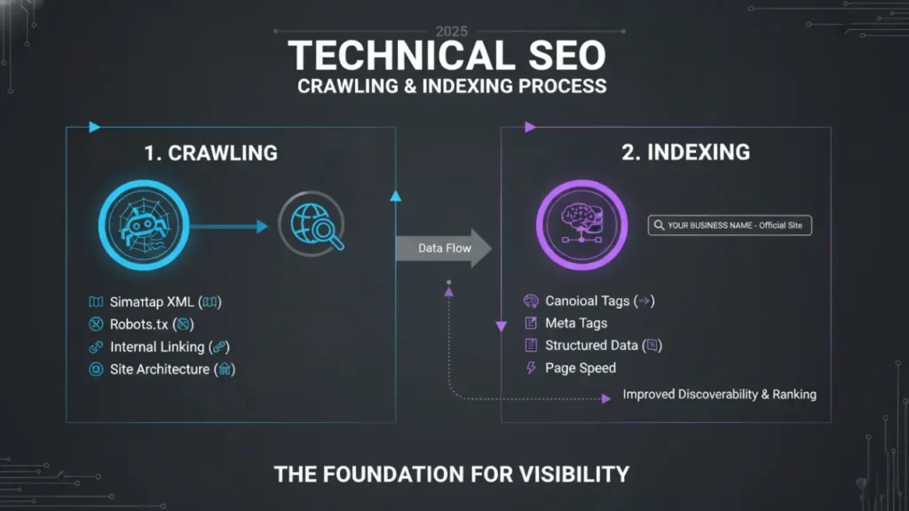 Technical SEO crawling and indexing process diagram