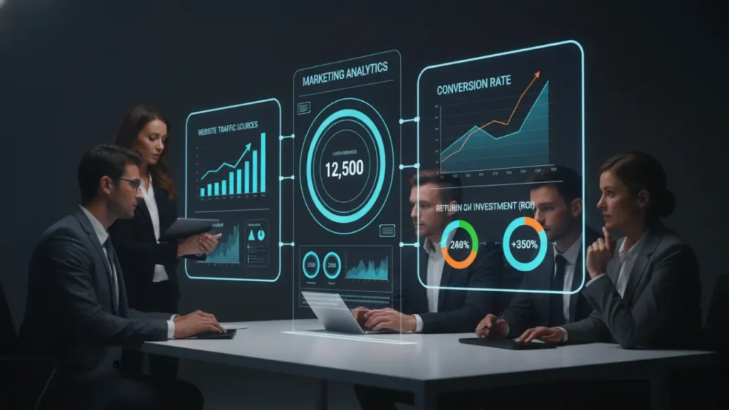 “Digital marketing analytics dashboard measuring leads traffic ROI”