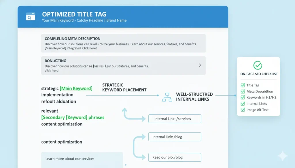 On-page SEO elements including title tags meta descriptions keywords internal links