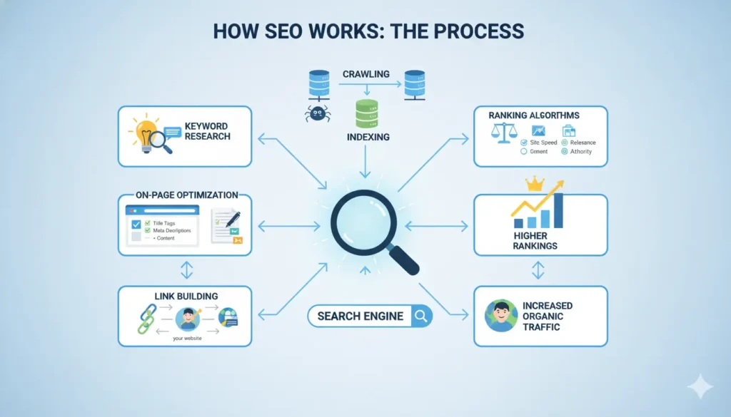 What Is SEO? SEO definition graphic showing how search engine optimization works
