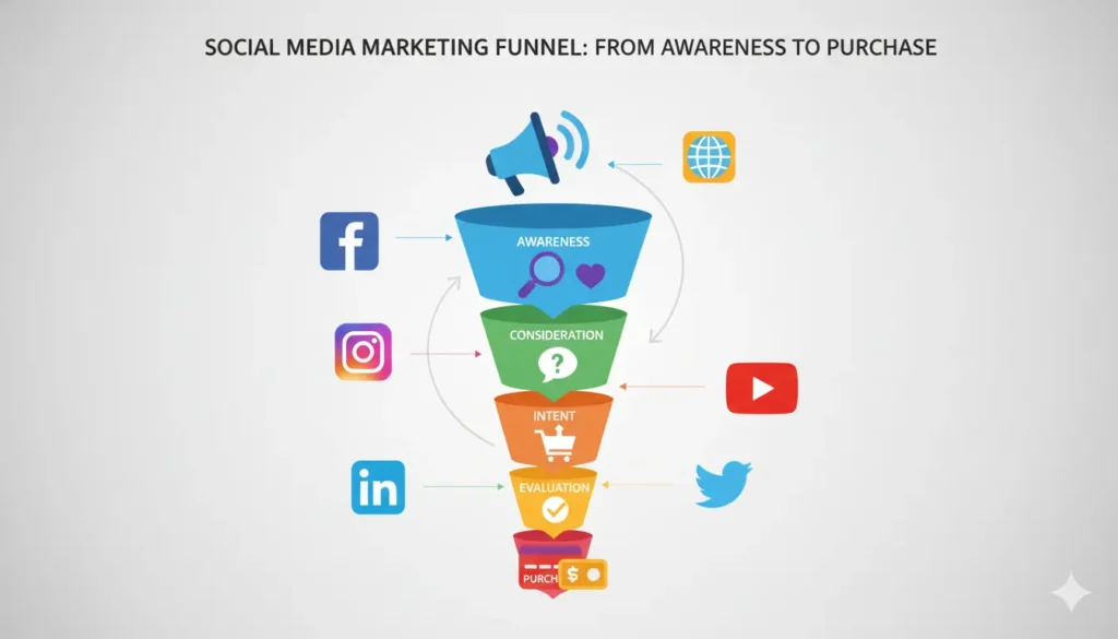 “Definition of social media marketing with marketing funnel icons”