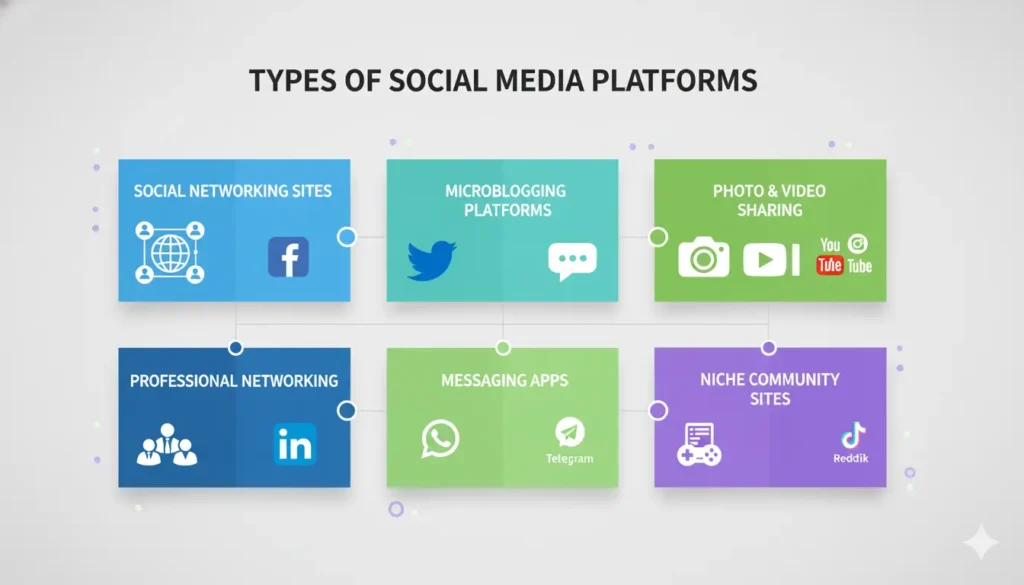 “Types of social media platforms for marketing including Facebook Instagram LinkedIn TikTok”