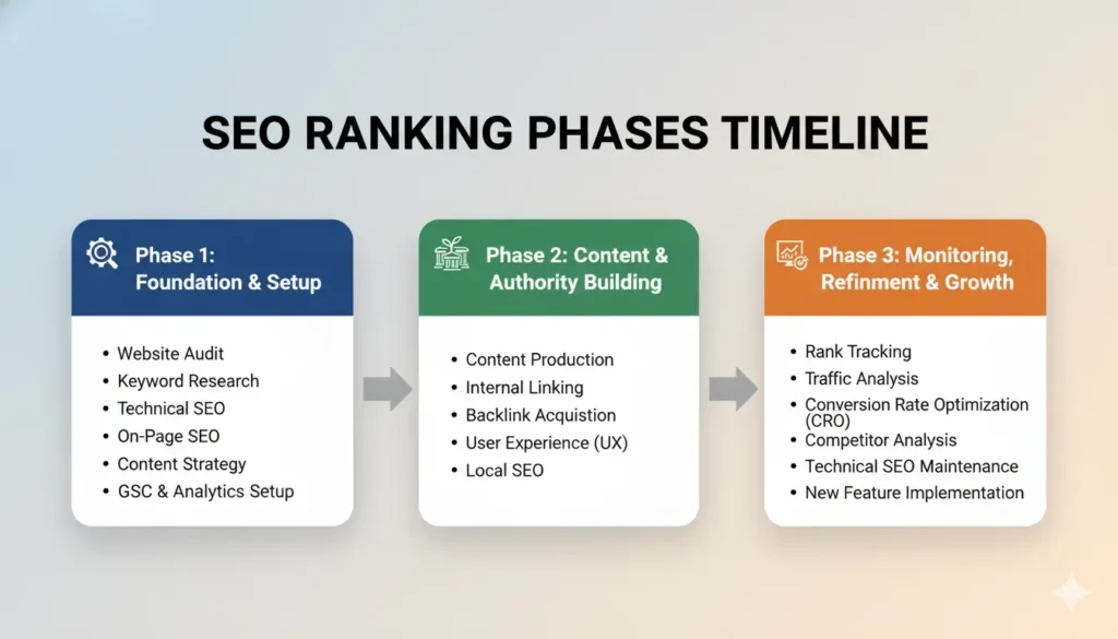 SEO timeline showing ranking phases