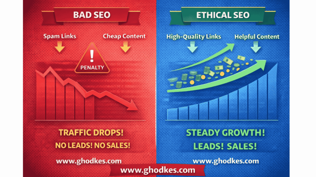 Bad SEO practices in cheap digital marketing packages vs ethical SEO strategies showing traffic drop versus steady growth and leads