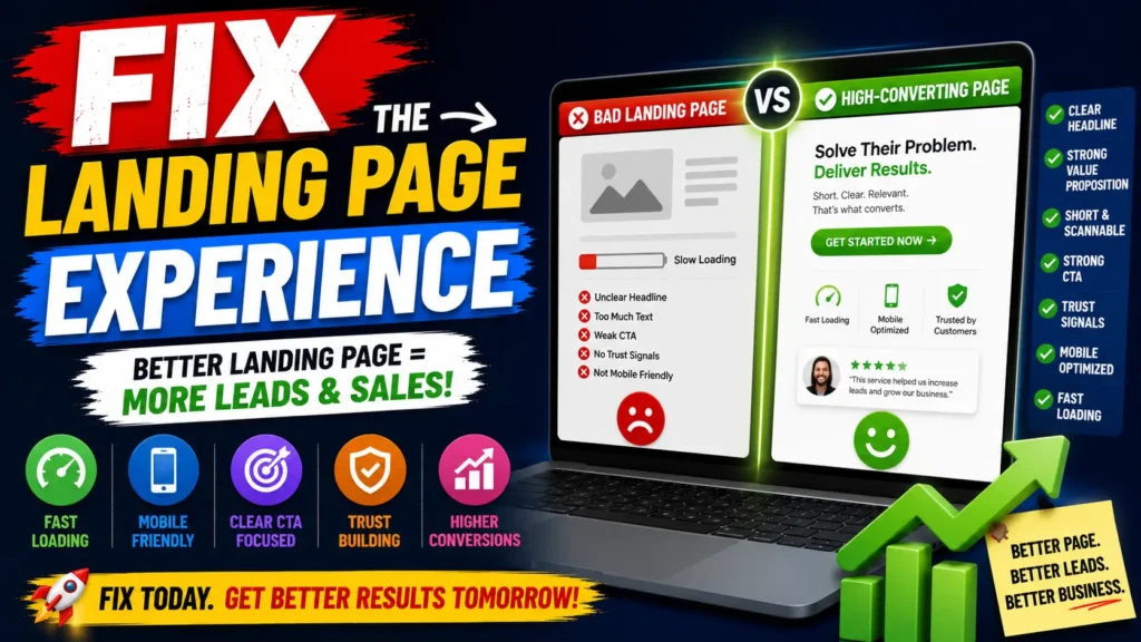 Comparison of a poor and high-converting landing page experience showing how fast loading speed, clear call-to-action, mobile optimization, and trust signals improve conversions and lead generation.