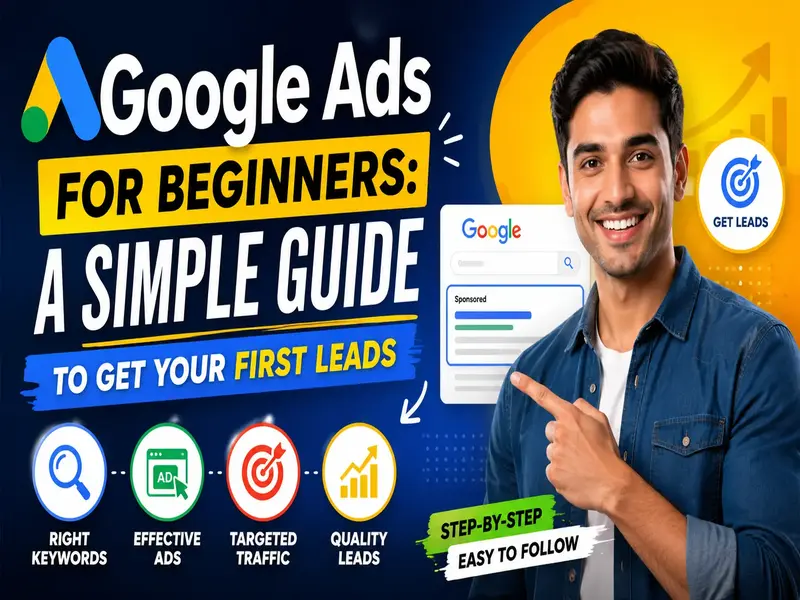 Google Ads for Beginners guide showing a Google Ads dashboard, search ads, keyword targeting, and lead generation concepts for small businesses looking to get their first leads.