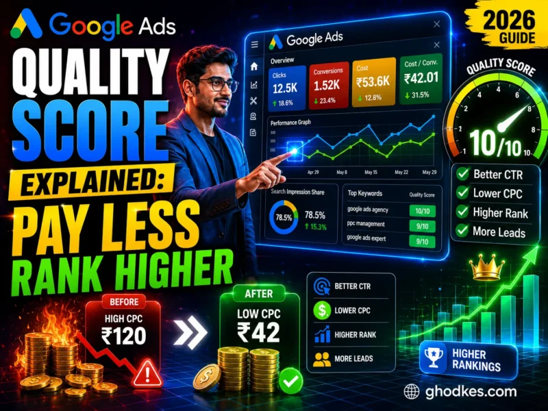 Google Ads Quality Score Explained thumbnail showing a Google Ads dashboard, Quality Score 10/10 meter, lower CPC, higher rankings, better CTR, and PPC optimization strategies for businesses.