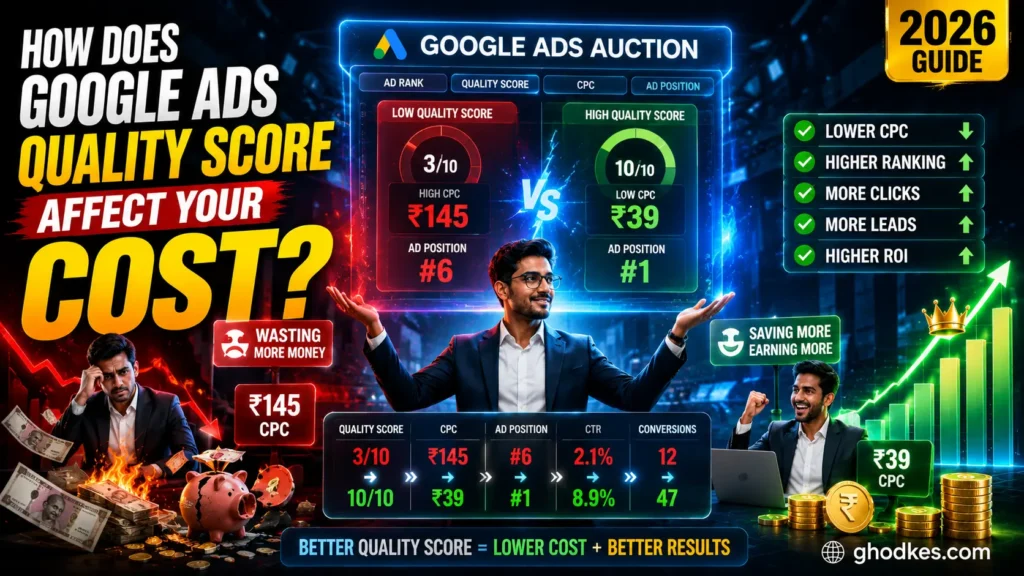 Illustration showing how Google Ads Quality Score affects advertising costs with a comparison of low vs high Quality Score, lower CPC, better ad rankings, increased ROI, and improved Google Ads performance.
