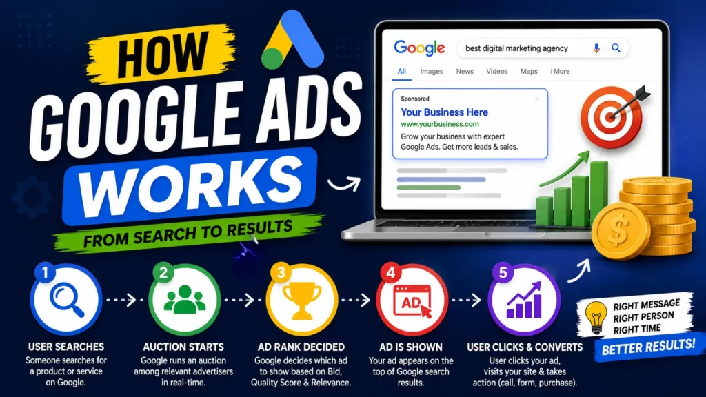 Infographic explaining how Google Ads works, showing the Google Ads auction process, keyword targeting, sponsored search results, user clicks, and lead generation for businesses.