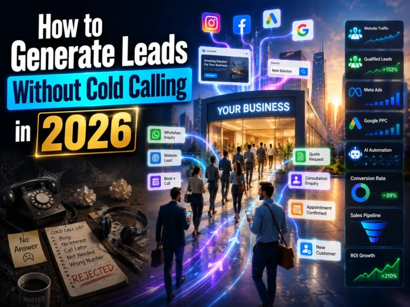 Illustration showing how to generate leads without cold calling in 2026 using Meta Ads, Google Ads, SEO, AI automation, WhatsApp enquiries, and inbound digital marketing strategies.