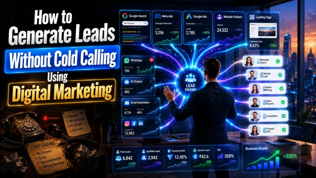 Digital marketing dashboard showing how to generate leads without cold calling using Meta Ads, Google Ads, SEO, WhatsApp, AI automation, CRM, and website lead generation.