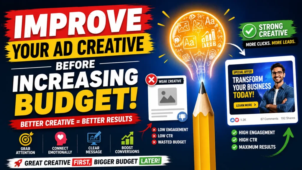 Illustration showing how improving Facebook ad creative before increasing budget helps generate more clicks, higher engagement, better conversions, and lower advertising costs.