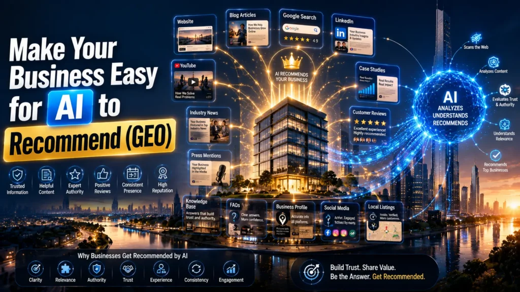 Illustration showing how Generative Engine Optimization (GEO) helps AI recommend trusted businesses through high-quality content, authority, customer reviews, and strong online presence.