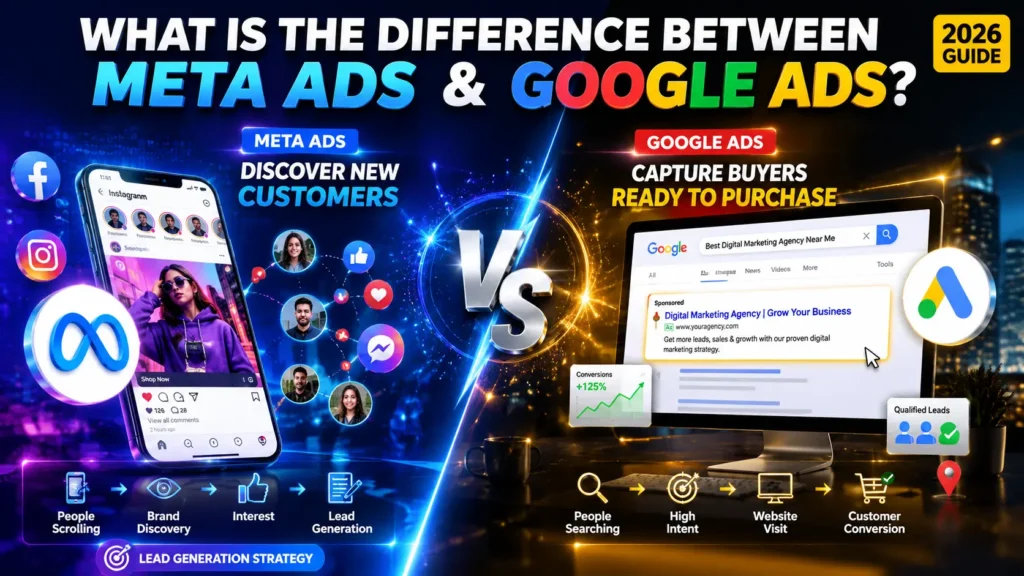 Illustration comparing Meta Ads vs Google Ads showing Facebook and Instagram advertising alongside Google Search Ads, highlighting the difference between demand generation and search intent marketing for business lead generation.