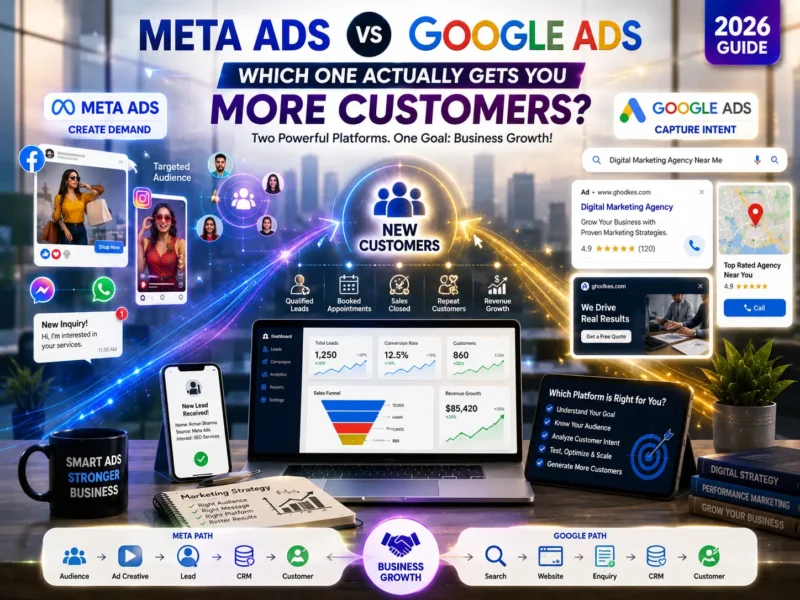 Illustration comparing Meta Ads and Google Ads, showing how Meta Ads create customer demand through Facebook and Instagram while Google Ads capture high-intent search traffic to generate more customers and business growth.