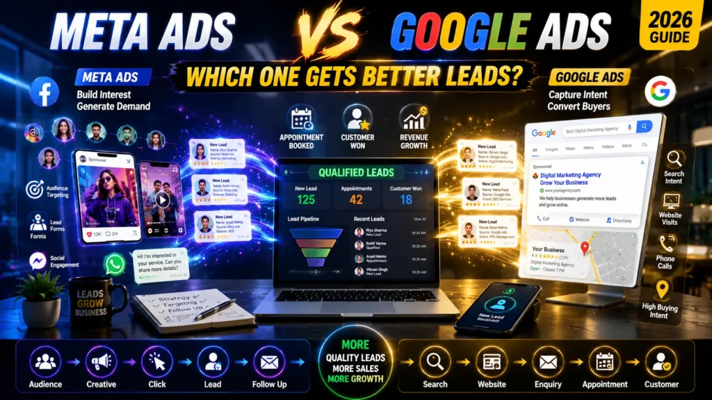 Comparison of Meta Ads vs Google Ads showing how Facebook and Instagram ads generate demand while Google Search Ads capture high-intent customers to produce qualified business leads.