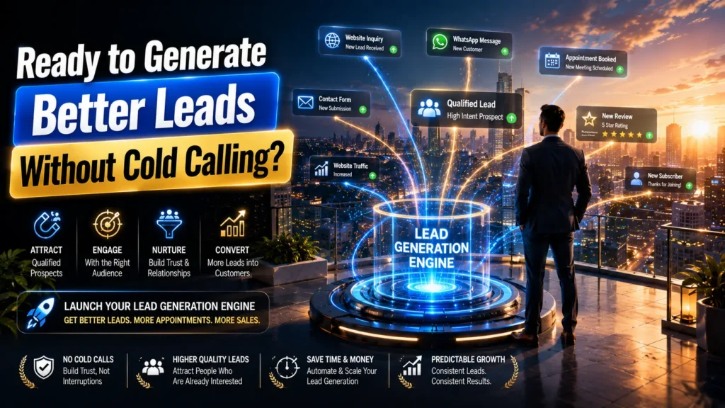 Business owner using a digital lead generation system to attract qualified leads through Meta Ads, Google Ads, SEO, WhatsApp, and marketing automation without cold calling.