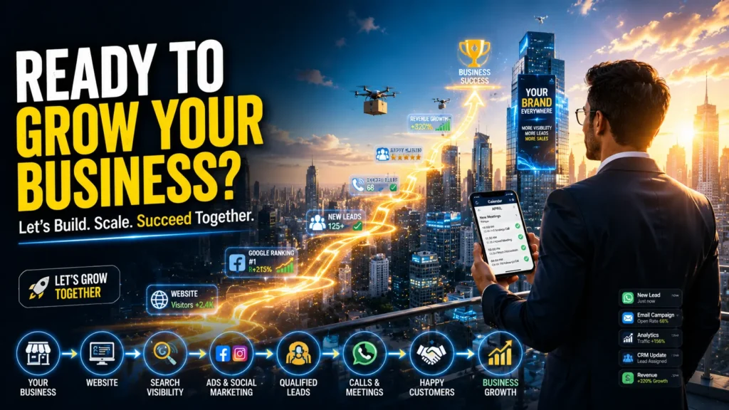 Successful business owner overlooking a modern city skyline with digital marketing growth path, lead generation, Google Ads, Meta Ads, SEO, and business growth strategy.