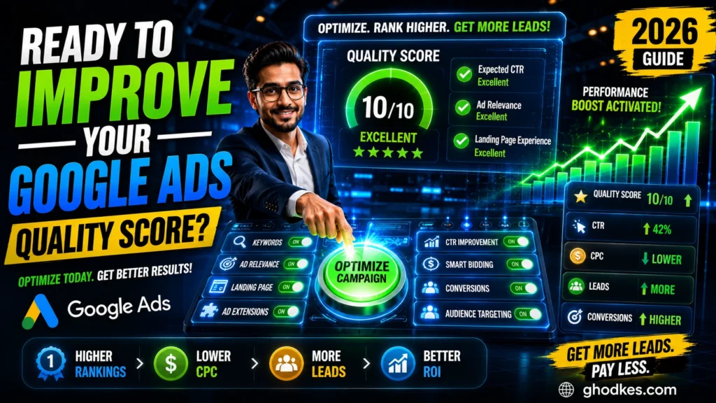 Google Ads optimization thumbnail showing a digital marketer activating campaign optimization controls, improving Google Ads Quality Score, increasing CTR, lowering CPC, boosting conversions, and generating more qualified leads.