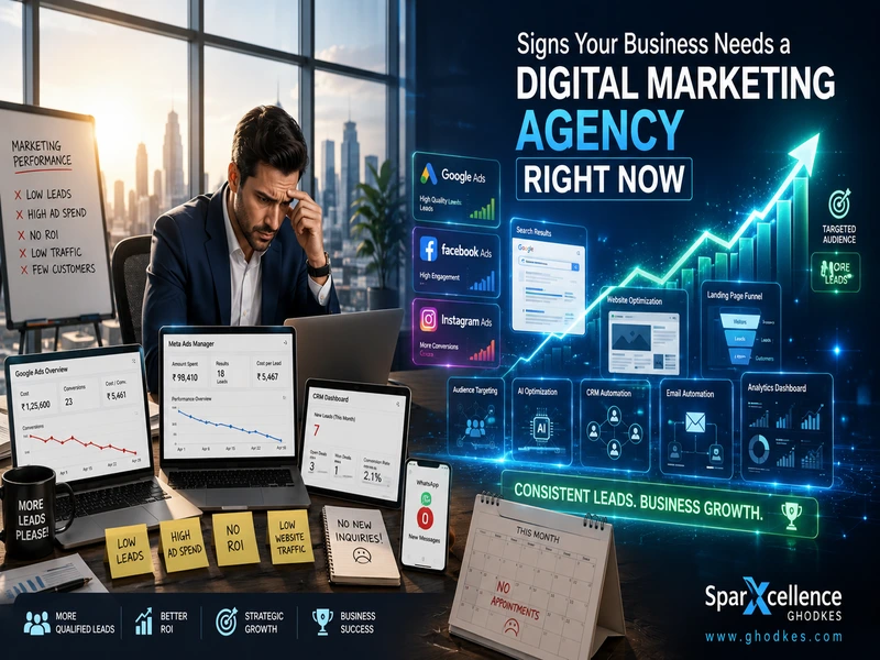 Business owner reviewing poor Google Ads and Meta Ads performance with low leads, declining website traffic, and a digital marketing strategy dashboard showing business growth opportunities.