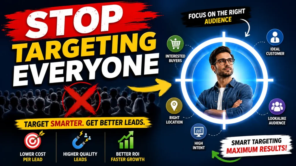 Illustration showing why businesses should stop targeting everyone on Facebook Ads and focus on the right audience to generate high-quality leads while lowering cost per lead.