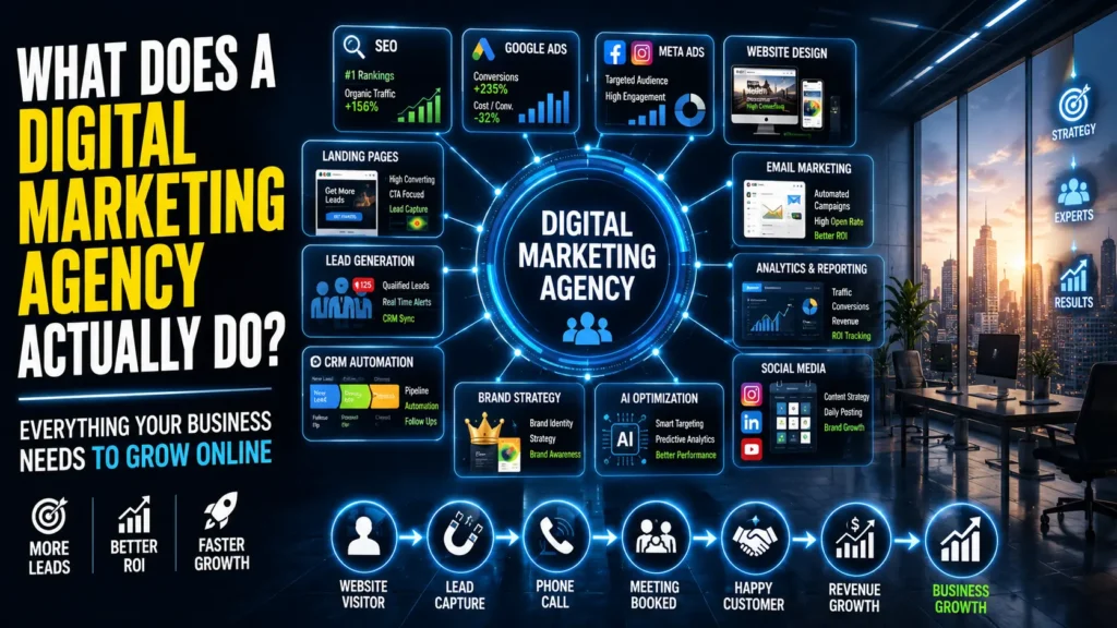 Digital marketing agency dashboard showing SEO, Google Ads, Meta Ads, website design, lead generation, CRM automation, analytics, social media marketing, and business growth strategies.