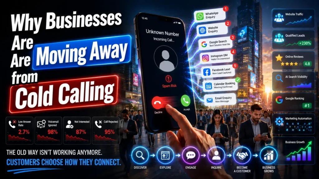 Illustration showing why businesses are moving away from cold calling, with customers ignoring spam calls and engaging through Google Search, Meta Ads, WhatsApp, website enquiries, and digital marketing channels.