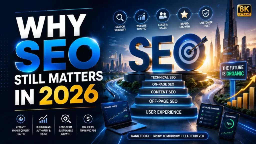 Illustration showing why SEO still matters in 2026 with search rankings, organic traffic growth, keyword optimization, website authority, and long-term digital marketing success.
