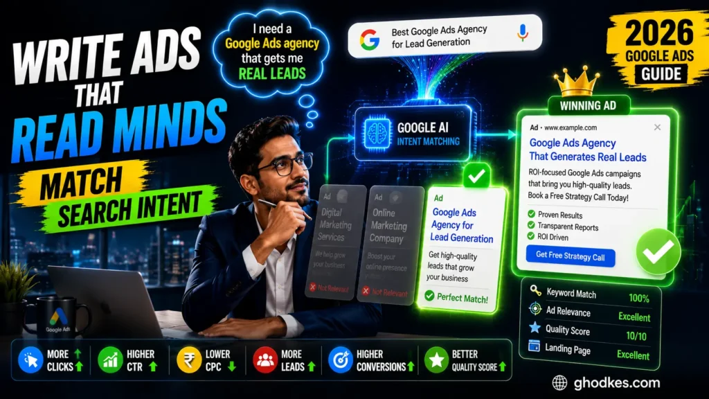 Google Ads search intent thumbnail showing a customer’s search query transformed into a perfectly matched Google advertisement using AI intent matching, resulting in higher CTR, lower CPC, better Quality Score, and more qualified leads.