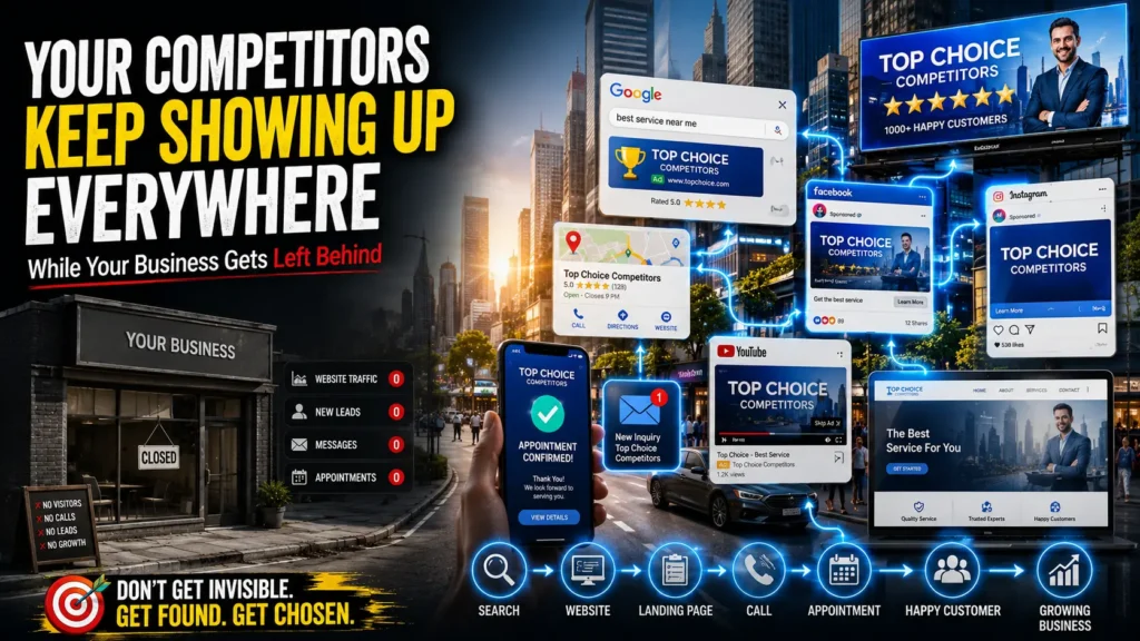 Competitors dominating Google Search, social media, Google Maps, YouTube, and online advertising while a local business struggles with low visibility, highlighting the need for a digital marketing agency.