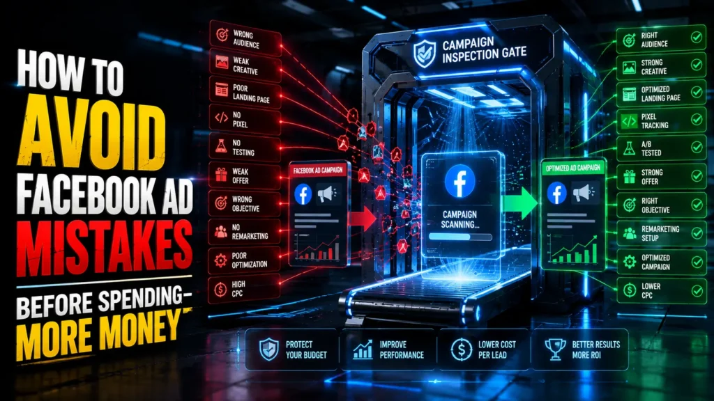Futuristic illustration showing how to avoid Facebook ad mistakes before spending more money, featuring an AI campaign inspection gate that detects and removes issues like wrong audience targeting, weak ad creatives, poor landing pages, missing Meta Pixel tracking, and campaign optimization errors.