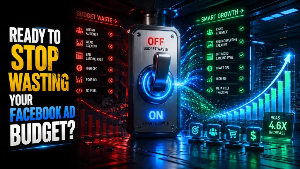 Futuristic illustration showing how to stop wasting Facebook ad budget with an AI-powered optimization switch transforming poor Meta Ads performance into profitable campaign growth through better targeting, optimized creatives, lower CPC, and higher ROI.
