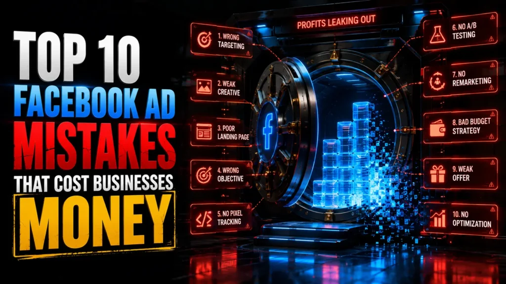 Illustration of the top 10 Facebook ad mistakes that cost businesses money, featuring a futuristic digital profit vault with campaign warning indicators for poor targeting, weak ad creatives, bad landing pages, missing pixel tracking, no A/B testing, and Meta Ads optimization errors.