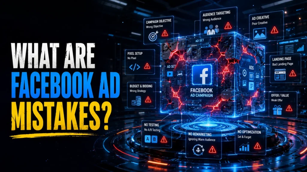 Futuristic illustration explaining Facebook ad mistakes, showing a digital Meta Ads campaign with warning indicators for wrong audience targeting, poor creatives, weak landing pages, no remarketing, and campaign optimization errors.